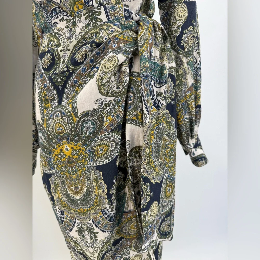 Magaschoni Sophisticated Paisley Belted Wrap Dress – Navy Gold Long Sleeve Midi - Picture 14 of 17
